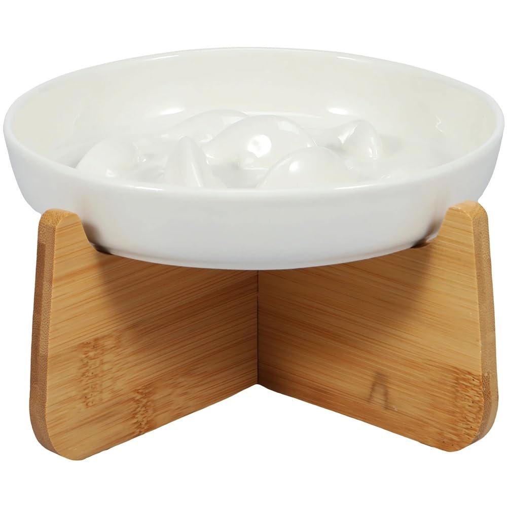 Ciotola rialzata in ceramica per cani e gatti con supporto in legno, in ceramica, rialzata, 16 x 3 cm, anti-vomito, cibo per gatti (bianco)