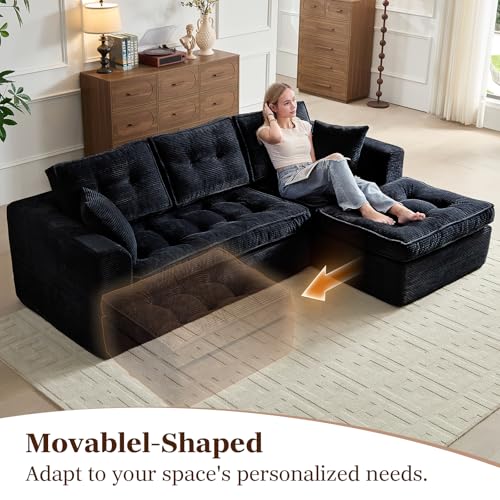 Image of ROXGOX Cloud Couches for Living Room, Modern Modular Sectional Sofa with L-Shape Chaise, Boneless Couch with Deep Seat, Plush Corduroy, No Assembly Required (Black)