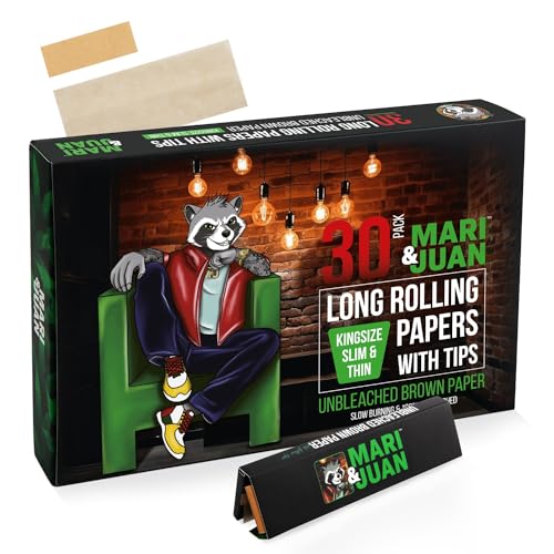 Mari & Juan Papiers à Rouler Long I 30 carnets de 32 Feuille a Rouler avec Filtres I Slim King Size, Brun et Unbleached I Feuille Slim I Filtre et Tips I...