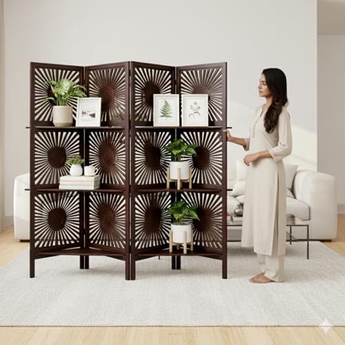 Image of Wooden Room Divider 6 Feet, 4-Panel Folding Wooden Partition for Living Room, Office, Pooja Room, Restaurant, Kitchen & Balcony (2W x 1.82H Meters). (Brown-Shelves)