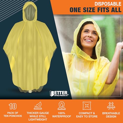 Image of Better Office Products Disposable Yellow Rain Ponchos with Hood for Adults (Thicker Gauge), Emergency Ponchos, Lightweight