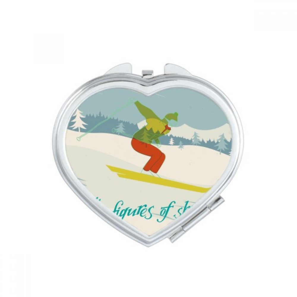Miroir de poche compact cœur avec illustration de ski pour le maquillage portable et à la main