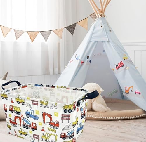 Image of Rectangle Storage Basket Cute Canvas Organizer Bin for Pet /Children Toys, Books, Clothes Perfect for Rooms /Playroom (Vehicle)