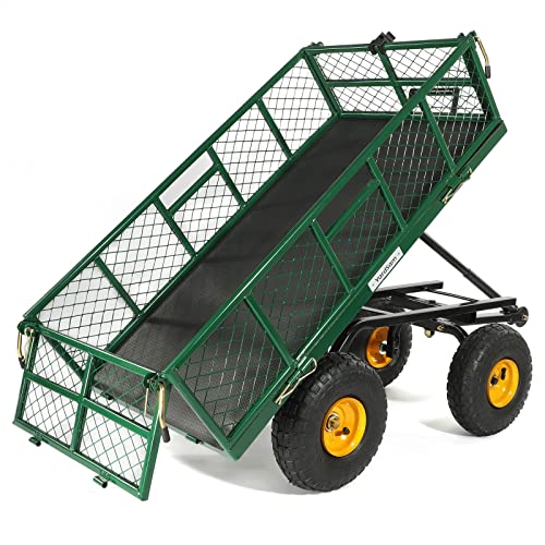 Yardsam Dump Garden Carts 800 Capacity, Heavy Duty Steel Dumping Garden Wagons With Removable Sides, Pullable Handles, 10In All-Terrain Wheels, Utility Liner, For Garden Lawn Yard Farm, Green #TOP12