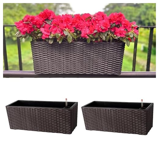 LaLaGreen Outdoor Rail Planter for Balcony (20 Inch, 2 Pack) Large Black Self Watering Railing Planters with Brackets, Rectangular Plastic Window Flower Box Fence Designer Choice with Rattan Pattern