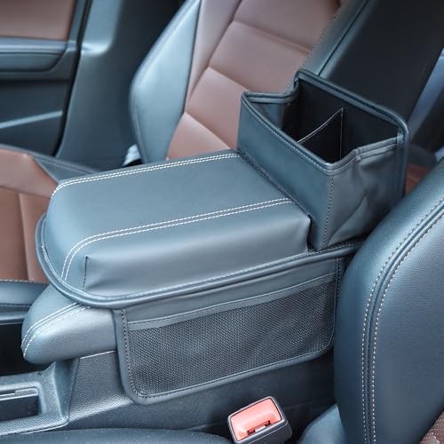 Car Armrest Cushion, Center Console Organizer with Cup Holder and Side Pockets, PU Leather Armrest Box Cover Memory Foam Arm Rest Pillow Interior Accessories for Most Vehicles (Black)