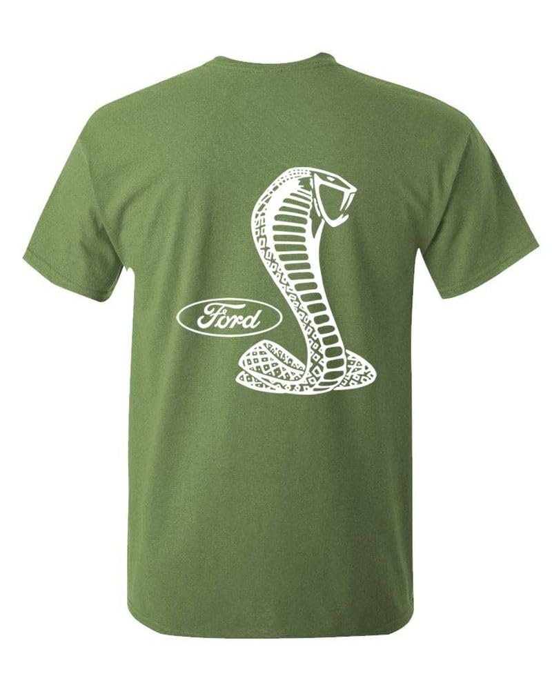 Ford Mustang Cobra Emblem Classic Muscle Car Graphic Logo T-Shirt USA Tradition Automotive Mechanic Tee V8 Race Apparel (US Alpha XX-Large Regular Regular Military Green)