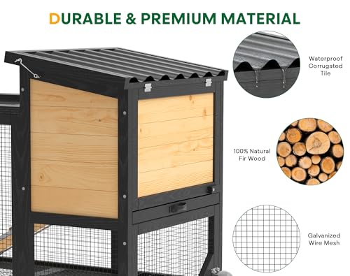 TRYKERPET 2-Story Rabbit Hutch, Wooden Bunny Cage with Chew-Proof Ramp, Indoor Outdoor Rabbit Cage with Wheels & Pull-Out Tray for Rabbits & Small Animals, Black & Yellow