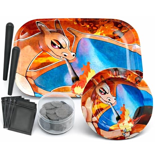 Rolling Tray Set with Accessories Metal Tray + AshTray Complete Smoking Kit with Tools Storage & Filters Durable Easy-Clean Fire Dragon Design