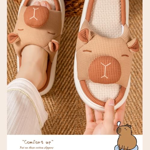 Cute Capybara Slippers for Women - Funny Linen Cotton for Comfort, Open Toe Breathable Slides Non-Slip Sole for Bedroom Indoor, Kawaii Animals Christmas Gifts for Couples Parents3