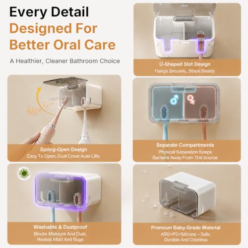 Image of HASTHIP Wall Mounted Toothbrush Holder with Cover 2 Slot Organizer
