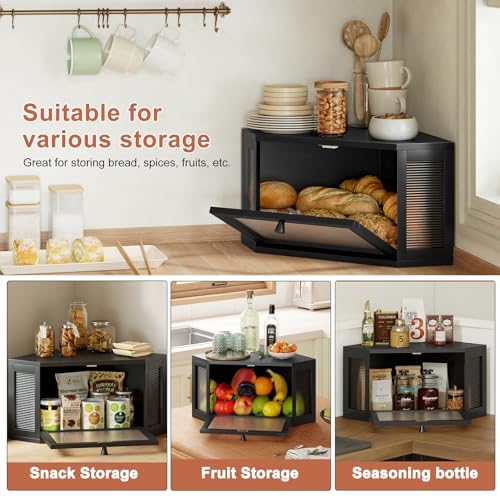 Image of WOWLIVE Corner Bread Box for Kitchen Countertop, Bamboo Bread Storage Container, Large Farmhouse Bread Holder with Acrylic Wavy Door Panel, Multi-functional Container, Black