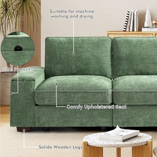 Image of TEKAMON 100 inch Modular Sofa with Seats Storage, Comfy 3-Seater Chenille Fabric Couch for Living Room, Office, Apart W /Deep Seat, USB Charging, Upholstered Couch with Removable Cover(Green)