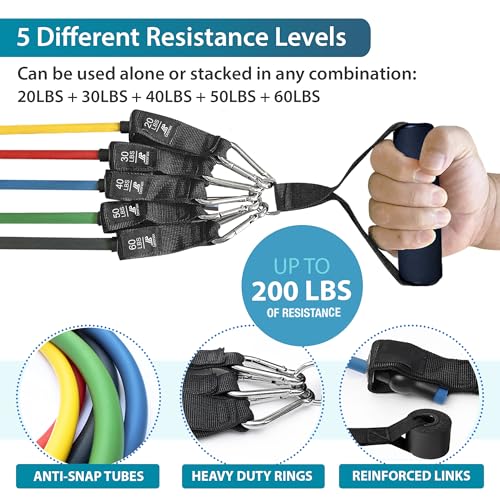 Beenax Resistance Bands Set with Handles - Heavy Duty 12pcs Exercise Bands, Up to 150/200/250 LBS - Fitness Training Tubes for Home, Gym, Physio - Large Handles, Ankle Straps, Door Anchor, Carry Bag - Image 3