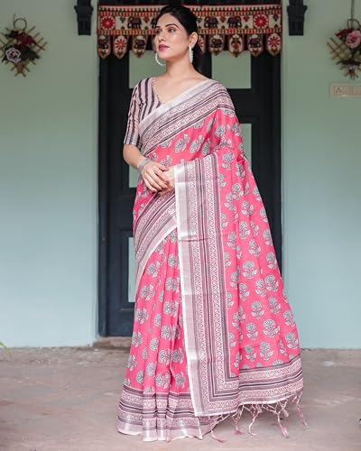 Image of Kaugalian store Linen Cotton Floral Printed Saree for Women with Unstitched Blouse Piece | 5.5 M Saree & 0.8 M Blouse
