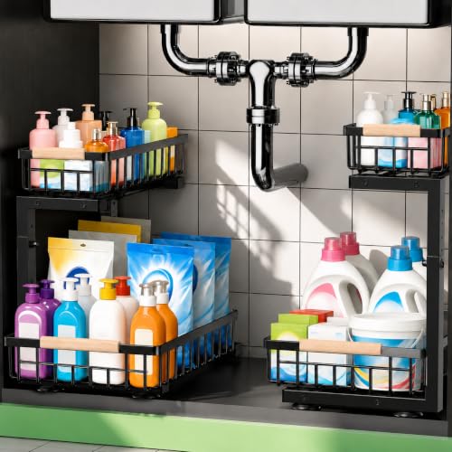 Image of Under Sink Organizer 2 Pack, Double Slide Out Metal Shelf, Black
