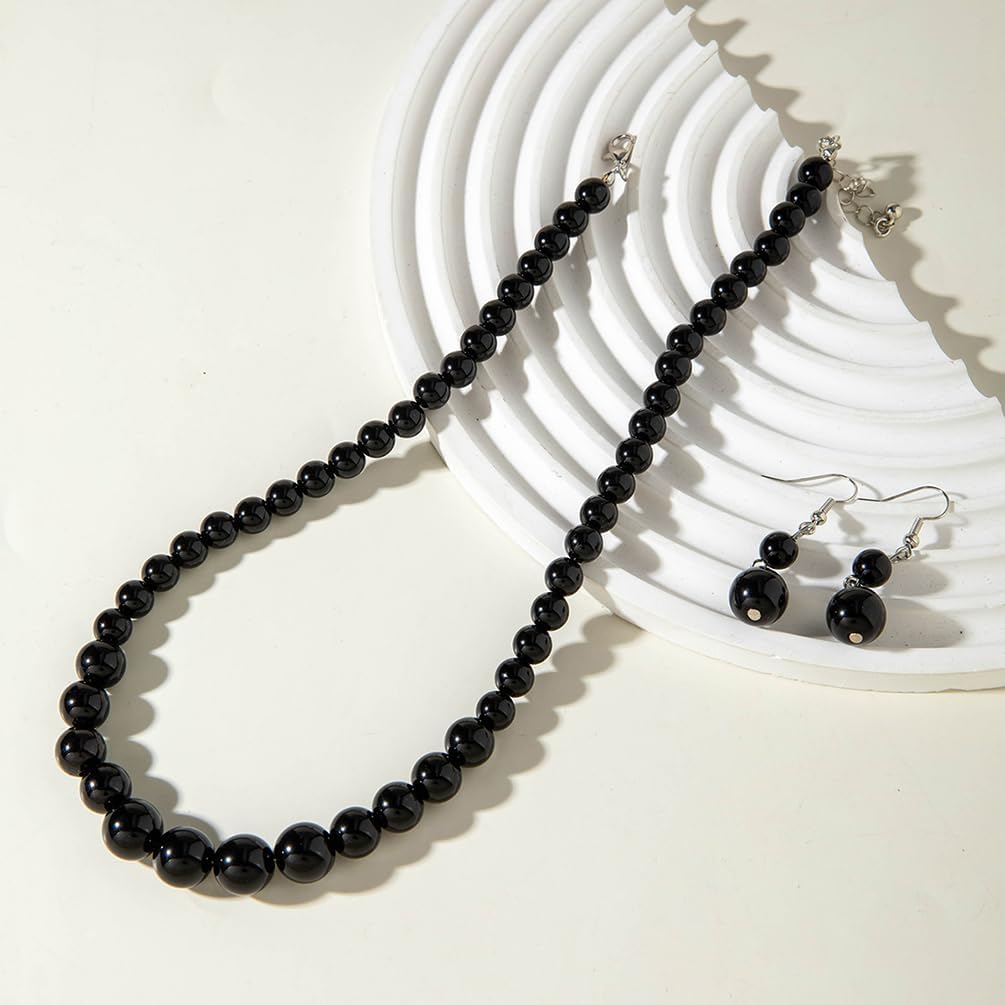 Trendy Beaded Black Pearl Choker Necklace Earring for Women, Dark Gothic Simple Beads Dangling Earrings Vintage Party Costume Jewelry Gift Accessories - Image 4