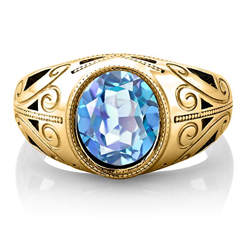 Gem Stone King 18K Yellow Gold Plated Silver Gemstone Birthstone Ring for Men | Oval 12X10MM | Available in Size 7, 8, 9, 10, 11, 12, 132