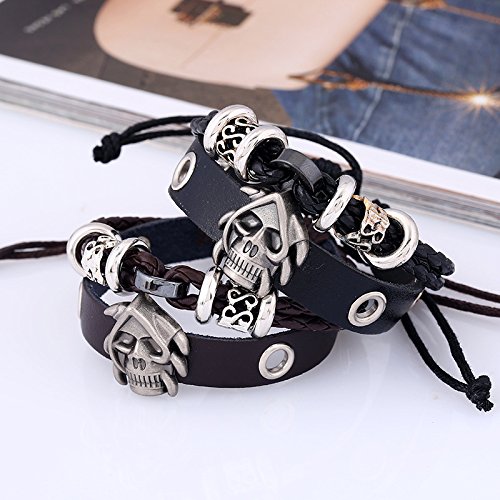 Eiffy Vintage Leaf Feather Skull Cross Pirate Multilayer Leather Bracelet For Men Women Braided Handmade Star Rope Wrap Adjustable Bangles (Pirate) #TOP4