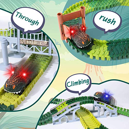 Boby Dinosaur Race Car Track Toy，163pcs Flexible Tracks Playset，Dinosaur World Road Race Car Track Set，Dinosaur car Toys Perfect Birthday Toys for 3,4,5,6,7,8+Years Old Boys Girls Children - Thumbnail 4