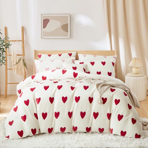 Covebett Flanell Bettwäsche 135x200 4teilig Weiß mit Rot Herzen Winter Warm Fleece Plüsch Winterbettwäsche Cashmere Touch Coral Fleece Flauschig 2 Bettbezug und 2 Kissenbezug 80x80 Reißverschluss