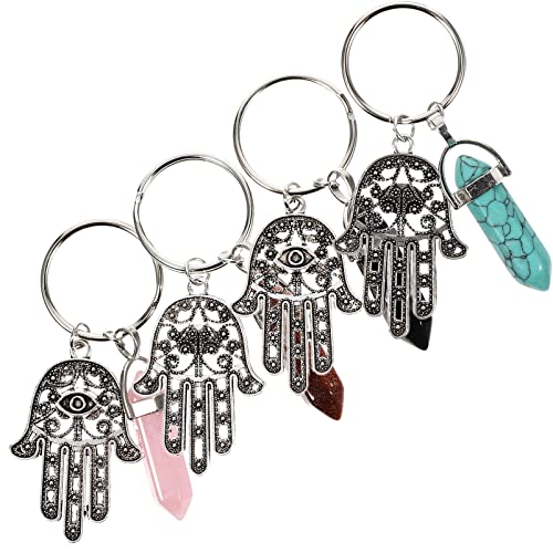 Garneck 4 Piezas Mal De Ojo Mano Llavero Hamsa Mano Llaveros Mano Llavero Fátima Protección Encantos Hexagonal Cristal Colgante Llavero para Coche Llaves Bolso Monedero Cover