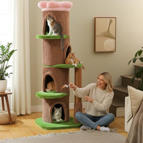 MUTTROS Forest Cat Tree with Flower Condos Cute Tall Cat Tower with Scratching Posts & Padded Perch Multi-Level Kitty Activity Center for Indoor Cats Indoor Jungle Gym Furniture