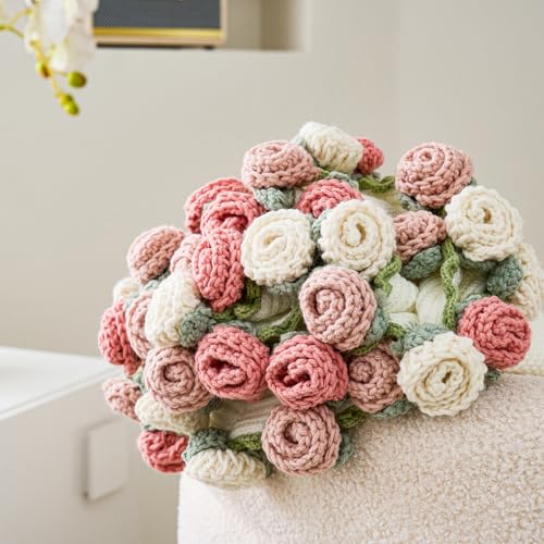 Manta Tejida a Mano con Bouquet de Flores de Crochet, Manta de Lazos con Rosas, Regalo Romántico para Mujer en Día de la Madre, San Valentín, Bodas, Aniversarios, Cumpleaños, Rosa y Blanco miniatura 5