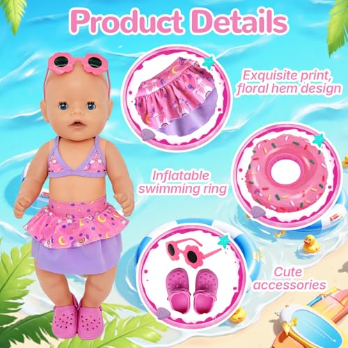 YAEGIMHT Baby Doll Swimming Clothes for 35-43cm Dolls, New Born Baby Doll Swimsuit with A Pony Top, Skirt, Glasses - Image 4