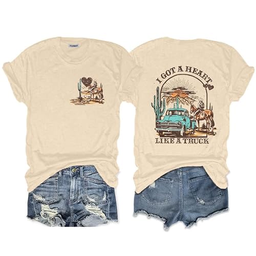Werbavi I Got A Heart Like A Truck T Shirt Women Country Music Shirts Nashville Concert Western Cowgirl Vintage Graphic Tee Cotton Rodeo Outfit Sunset Top(Apricot,New S)