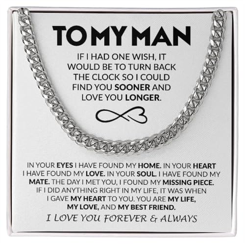 To My Man Husband Boyfriend Cuban Link Chain Silver Stainless Steel Necklace for Birthday Anniversary Christmas Valentine's Day Gifts for Him, Gifts for Men