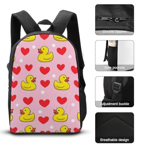 3 Pieces Backpack with Lunchbox Meal Bag Pencil Pouch Pink Heart Polka Dots Yellow Rubber Ducks 17 Inch Travel Daypack Insulated Lunch Bag Pen Holder Case3