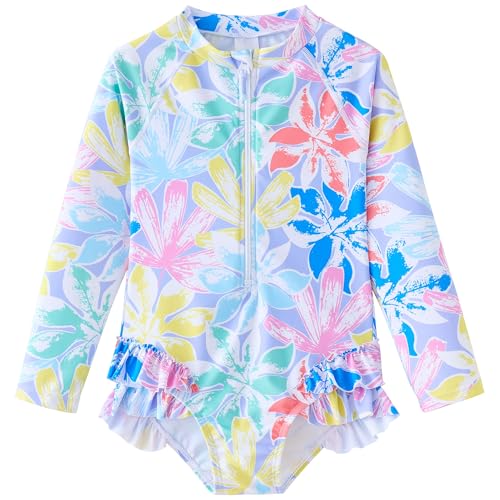 Image of UMELOK Girls Long Sleeve Rash Guard One Piece Swimsuits UPF 50+ Ruffle Zipper Bathing Suit 4-10 Years