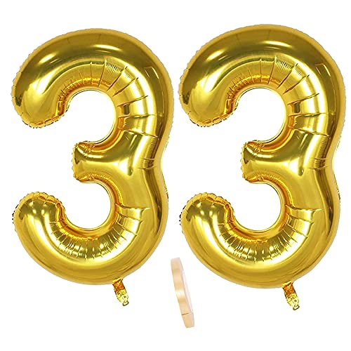2 Ballons Numéro 33, Ballon 33 Ans Anniversaire Or XXXL 100cm Gold Géant Ballon Figurines Gonflable Hélium Feuille Chiffres Deco Pour Femme Homme La Décoration De Fête Mariage D'anniversaire Cover