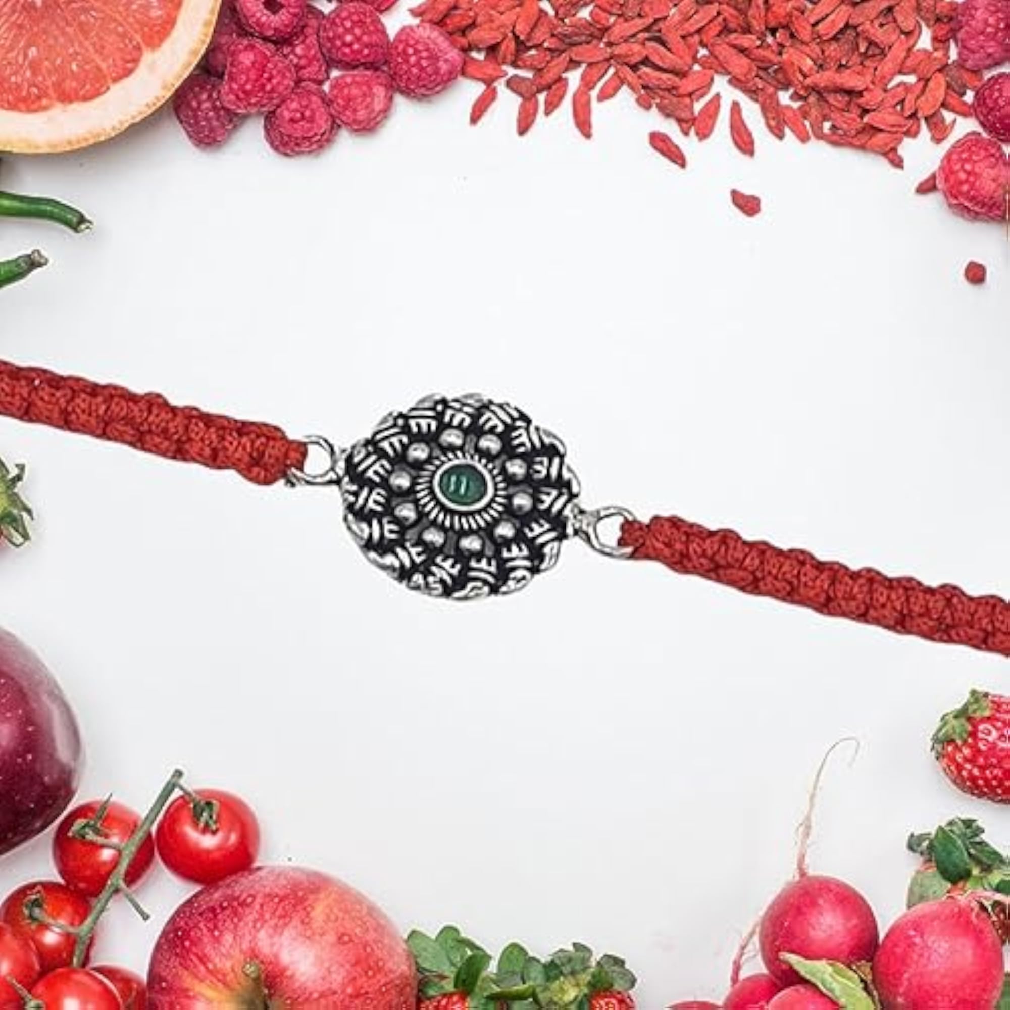 92.5 Sterling Silver Designer Rakhi with Green CZ