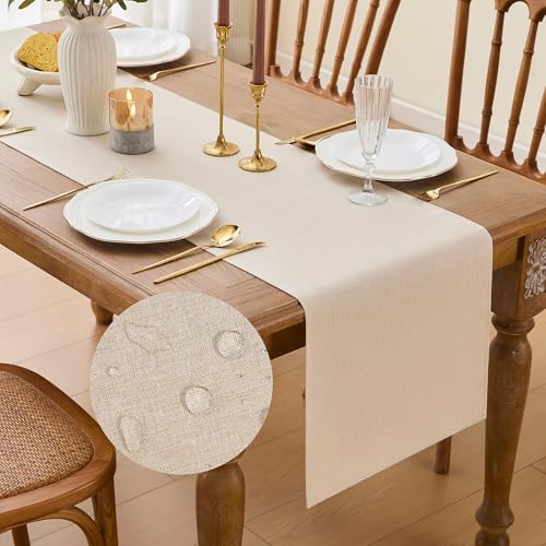 YATOJUZI Cream Table Runner Seasonal Fall Summer Kitchen Dining Coffee Table Decoration 55 Inches Long Beige Waterproof Farmhouse Rustic Table Runner Home Wedding Party Decor 16x55Inch