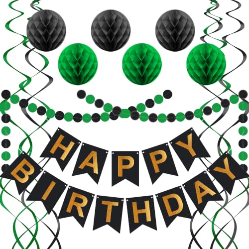 Image of Black Green Birthday Decorations, Happy Birthday Banner with Honeycomb Balls, Circle Dot Garland and Hanging Swirl Decorations for Women Men Boys Girls (Green Black)