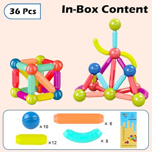 Image of VGRASSP Magnetic Sticks Building Blocks Set for Kids - Creative STEM Toy for Boys and Girls with Strong Magnets, Vibrant Colors, Safe & Durable Design, Ideal for Ages 3+ (36 Pcs Set)