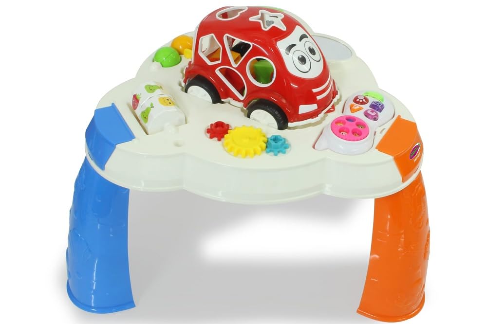 JAMARA Play Table with Shaped Car and Mobile Phone - Promotes Fine and Coarse Motor Skills, Music, LED Light Effects, 10 Shapes in 5 Colours, Mirror, Smooth Running Plastic Wheels, 13 Pieces