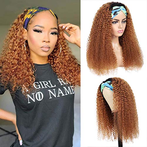 Adette 10A Headband Wigs Ombre Brown 100% Brazilian Human Hair 14 Inches 1b/30 Kinky Curly Wave None Lace Front Glueless Wigs for Black Women Machine Made Headband Wig 180% Density