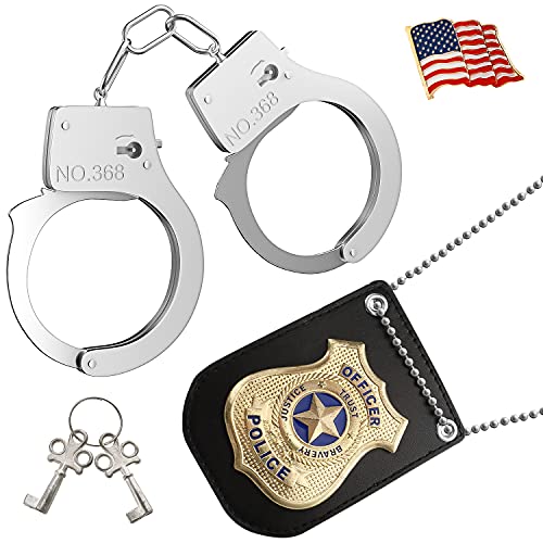Jeicy Police Badge Police Pretend Play Toy Set for Kids Metal Handcuffs with Key American Flag Waving Lapel Pins Halloween NYPD Police Badge Dress Up Pretend Play Accessory Black