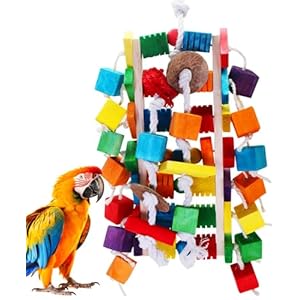 MQUPIN Large Bird Parrot Toys,Colorful Wooden Blocks of Different Shapes Chew Parrot Toys,22 Inch Natural Wooden Block Parrot Toys for African Greys, Amazons, Cockatoos and Macaws large parrot toys