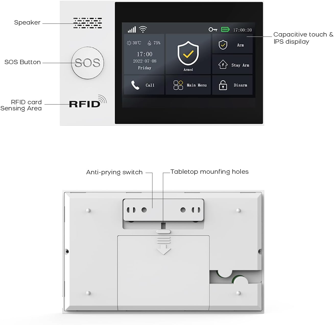 PGST Alarm Host with speaker, SOS button, RFID sensing area, and rear view with anti-prying switch