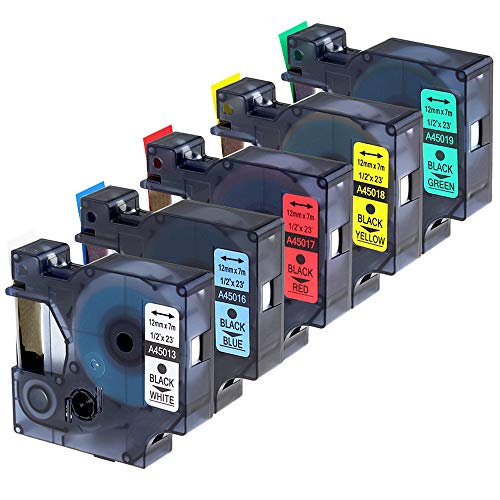 Wonfoucs –5 x Compatible Cintas de Etiquetas para Dymo D1 12mm x 7m 45013 45016 45017 45018 45019 Cinta para Dymo LabelManager 100 150 160 (Negro sobre Blanco/Rojo/Azul/Amarillo/Verde)