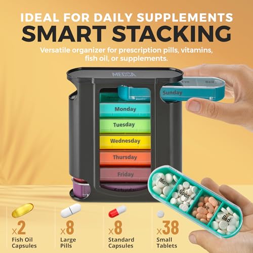 Image of Weekly Pill Organizer, 1 Dispenser, 7 Stackable Compartments Four Times-a-Day - Morning, Noon, Evening, and Bedtime, Black