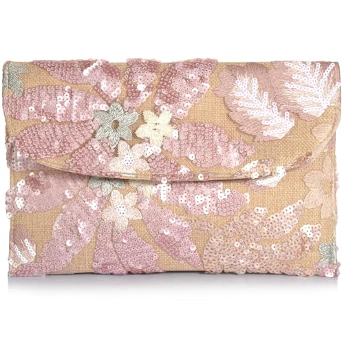 Floral Embroidered Sequin Clutch Purse for Women Sparkling Beaded Evening Bag Bridal Party Beaded Clutch Bag Ideal for Proms Banquets Parties Dances Evening Events and Formal Occasions (Pink)