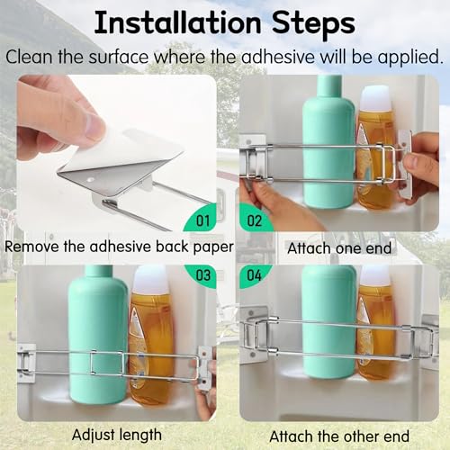Image of RV Shower Corner Storage Bar - 2 Pack Adjustable Stainless Steel RV Bathroom Shelves Organization with S-Hooks, Flexible & Easy to Install Storage Rod for RV Camper Travel Trailer Inside Bath(7-13 in)