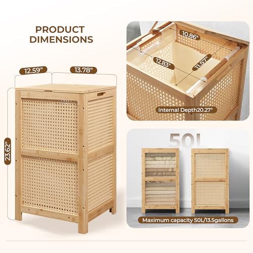 Bamboo-Wicker-Laundry-Hamper-Basket-with-Lid-13-Gal50L-Natural-Woven-Wicker-Boho-Bamboo-Frame-Removable-Clothes-Bag-Wooden-Handles-Lidded-Rectangular-Design-138-X-126-X-236-In