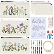 WEBEEDY 3 Sets Embroidery Kit Cosmetic Bag, DIY Floral Makeup Bag Sewing Kit Include Stamped Flower Pattern, Hoop, Threads, Needle for Beginner Mothers Day Christmas Stitchwork Gift
