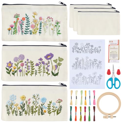 WEBEEDY 3 Sets Embroidery Kit Cosmetic Bag, DIY Floral Makeup Bag Sewing Kit Include Stamped Flower Pattern, Hoop, Threads, Needle for Beginner Mother's Day Christmas Stitchwork Gift